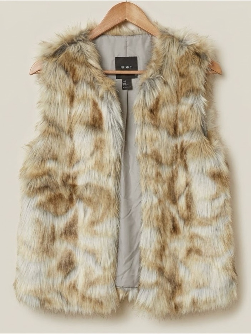 Forever 21 Shaggy Faux Fur Vest Neutral Brown Grey Boho Chic Layering Women’s M